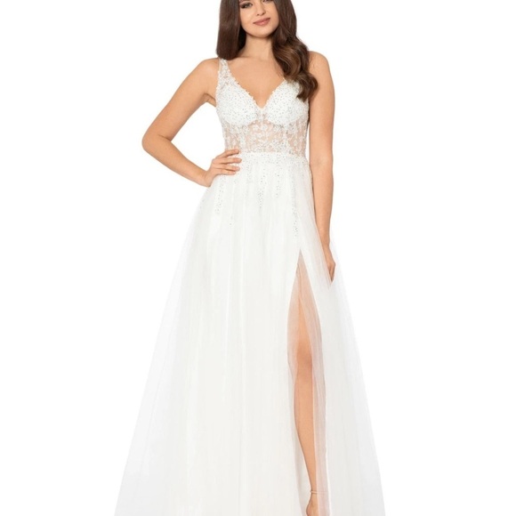 BLONDIE NITES Corset-style Mesh Line Sleeveless Dress Rhinestone Sheer ivory - Picture 7 of 16